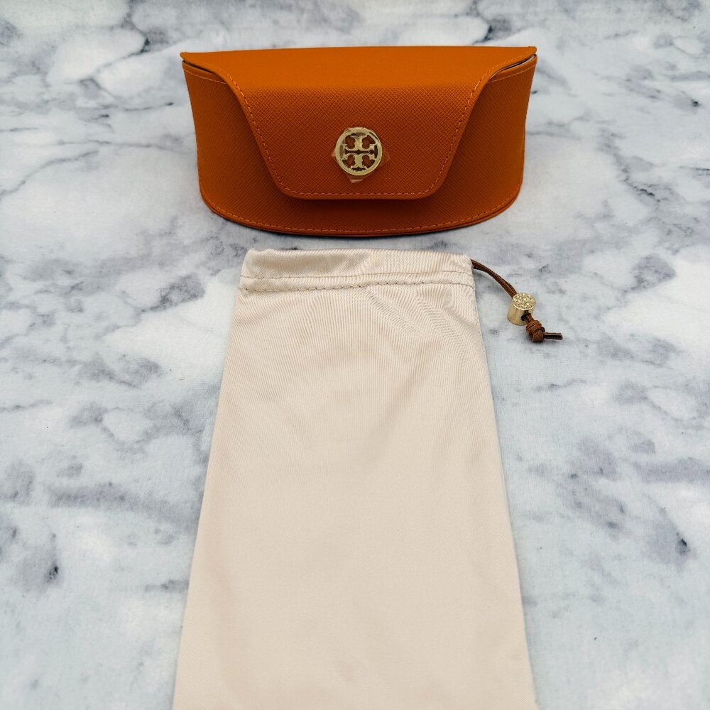 Tory Burch Sunglasses Case, Orange Leather Oval, Gold Logo, Cream Drawstring Bag